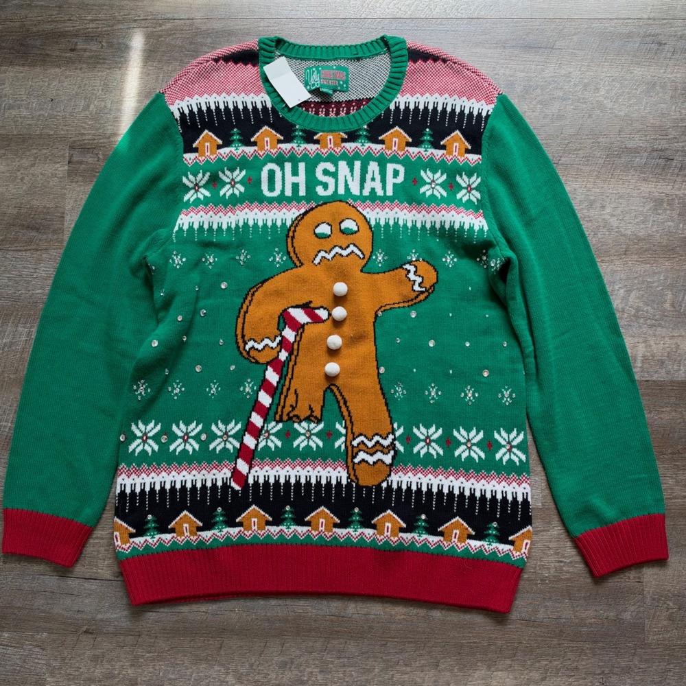 Ugly Christmas Sweater Oh Snap Gingerbread Man XXL Green Novelty Festive NEW